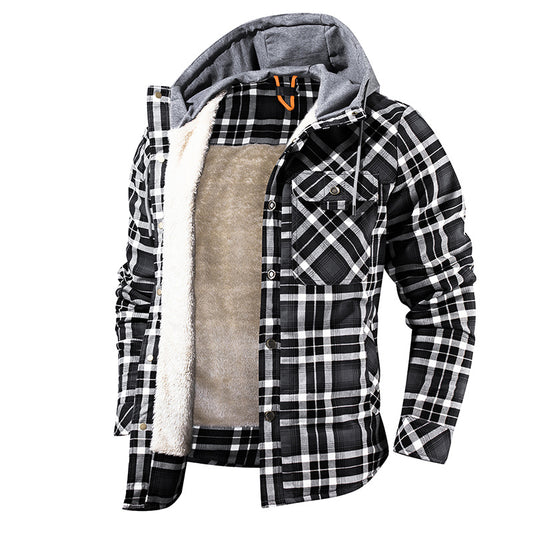 Men's Casual Plaid Jacket with Hood, Single Breasted, Loose Fit