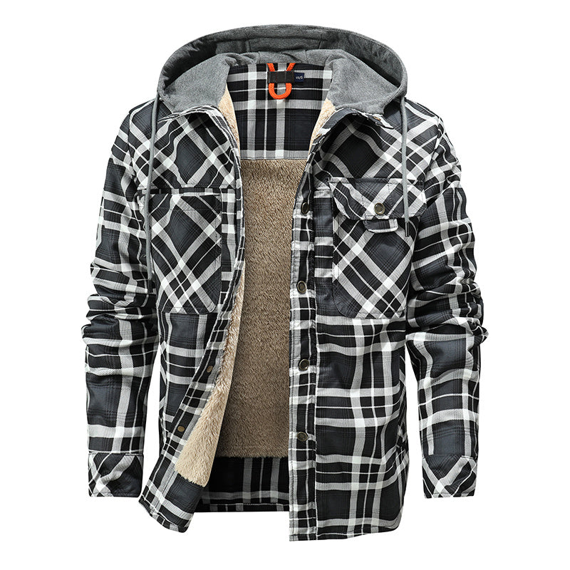 Men's Casual Plaid Jacket with Hood, Single Breasted, Loose Fit