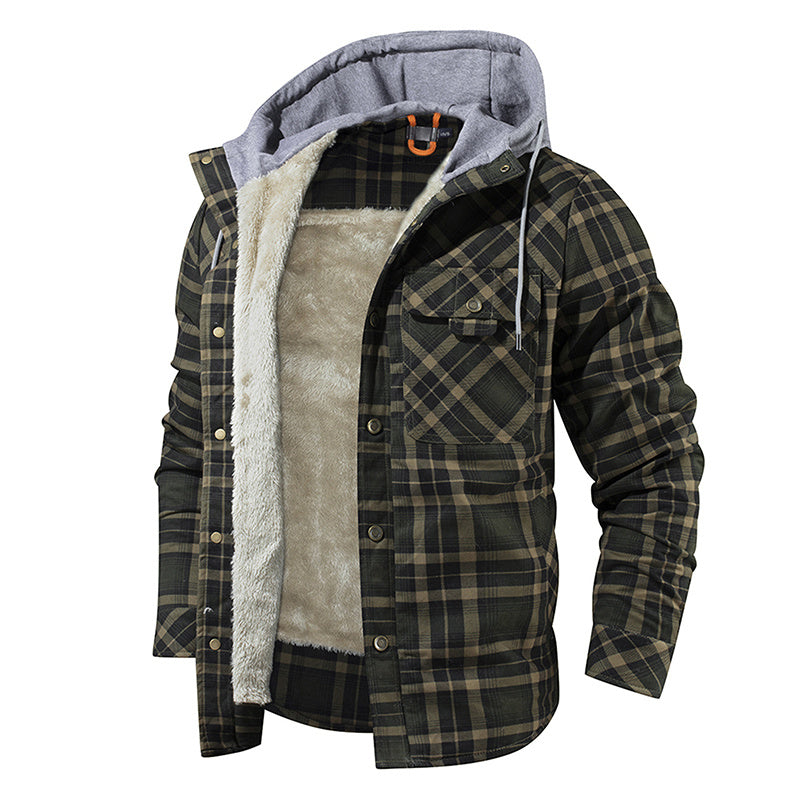 Men's Casual Plaid Jacket with Hood, Single Breasted, Loose Fit