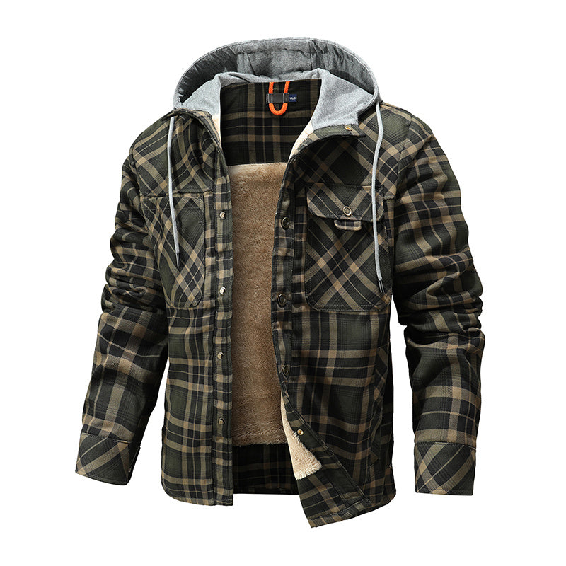 Men's Casual Plaid Jacket with Hood, Single Breasted, Loose Fit