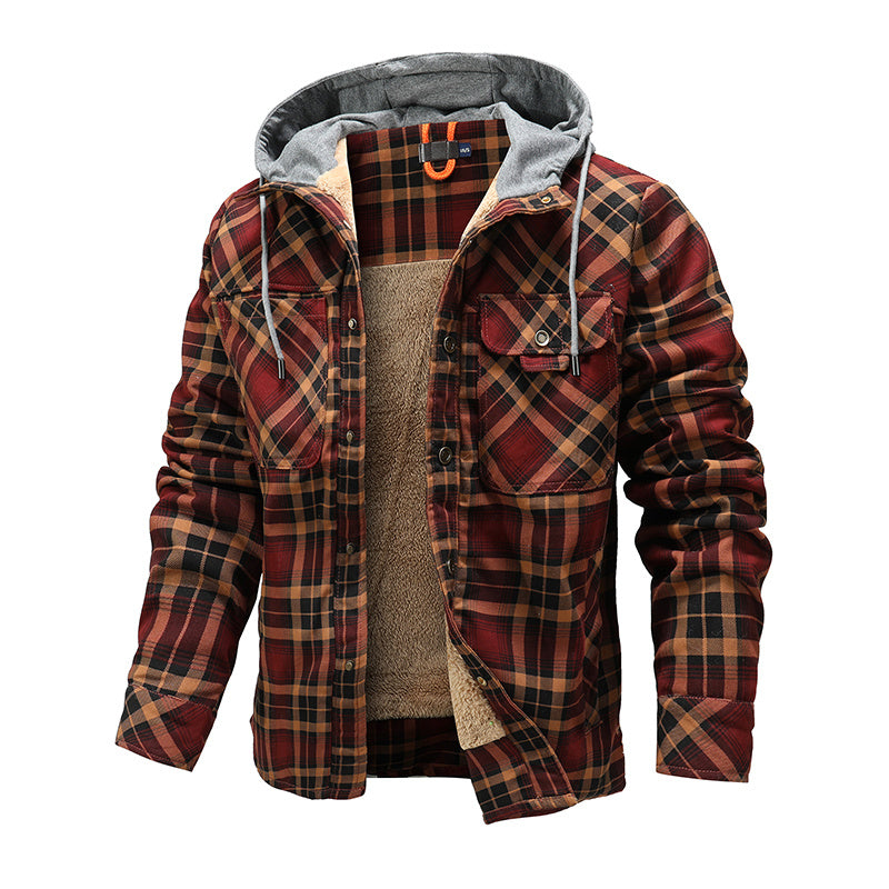 Men's Casual Plaid Jacket with Hood, Single Breasted, Loose Fit