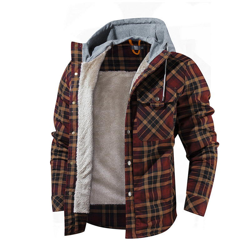 Men's Casual Plaid Jacket with Hood, Single Breasted, Loose Fit