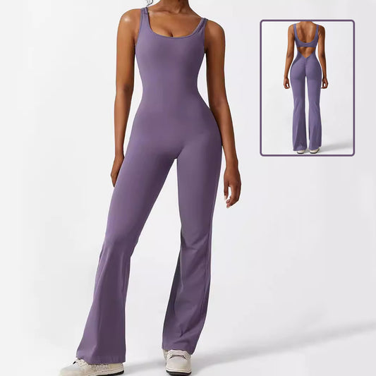 Women’s Sleeveless Flare Jumpsuit for Fitness & Yoga with Long Pants