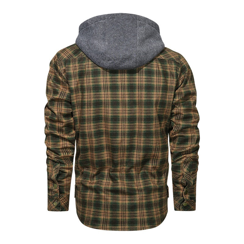 Men's Long-Sleeved Plaid Jacket Regular Fit Fleece Detachable Hoodie Jacket