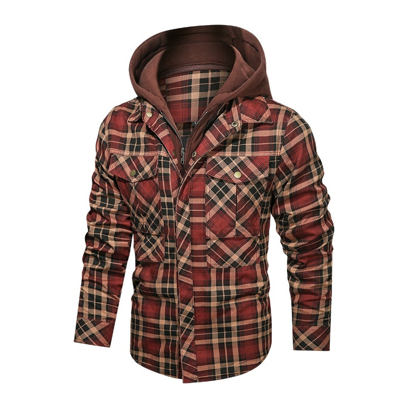 Men's Long-Sleeved Plaid Jacket Regular Fit Fleece Detachable Hoodie Jacket