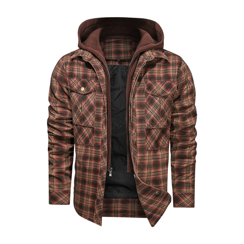 Men's Long-Sleeved Plaid Jacket Regular Fit Fleece Detachable Hoodie Jacket