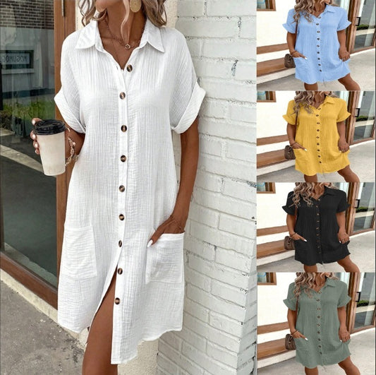 Summer Short Sleeve Shirt Dress – Solid Color, Loose & Stylish