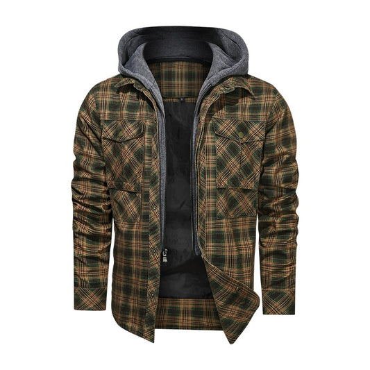 Men's Long-Sleeved Plaid Jacket Regular Fit Fleece Detachable Hoodie Jacket