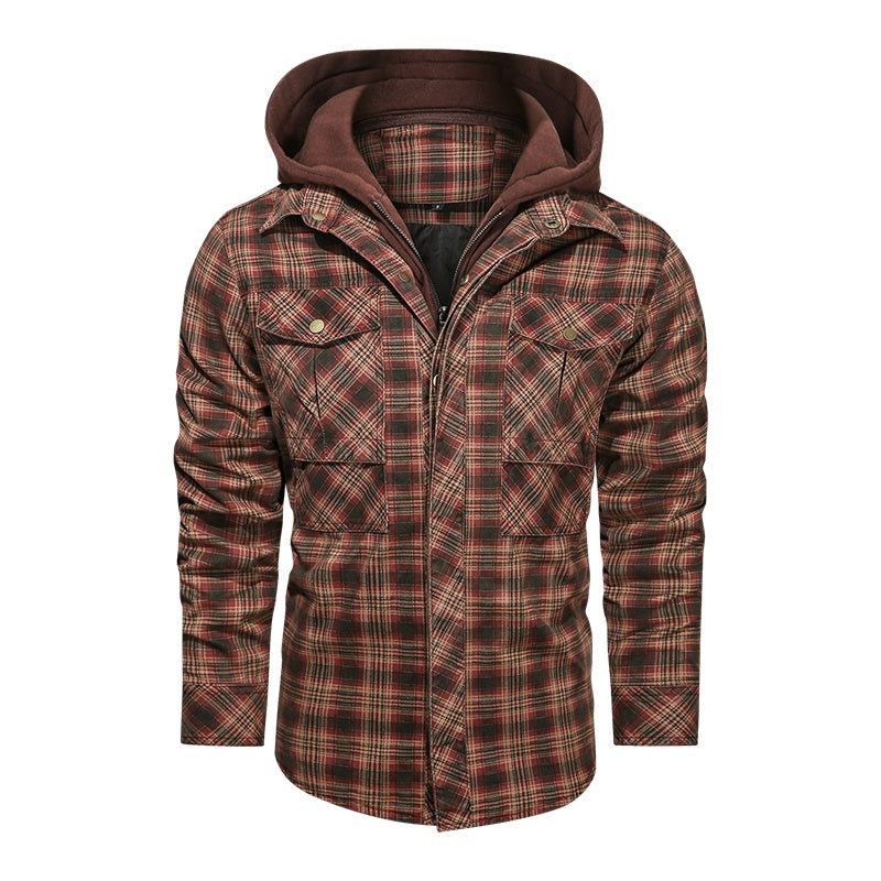 Men's Long-Sleeved Plaid Jacket Regular Fit Fleece Detachable Hoodie Jacket