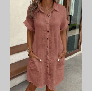 Summer Short Sleeve Shirt Dress – Solid Color, Loose & Stylish