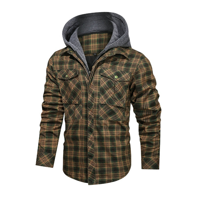 Men's Long-Sleeved Plaid Jacket Regular Fit Fleece Detachable Hoodie Jacket