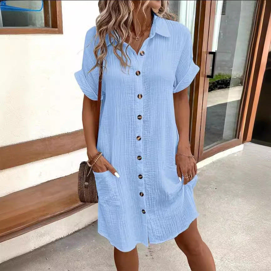 Summer Short Sleeve Shirt Dress – Solid Color, Loose & Stylish