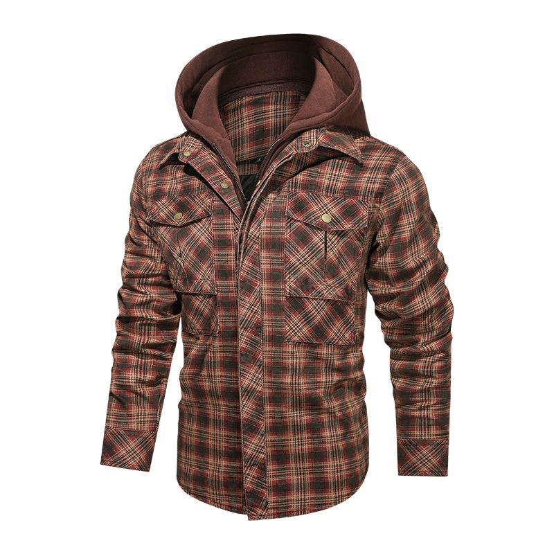 Men's Long-Sleeved Plaid Jacket Regular Fit Fleece Detachable Hoodie Jacket