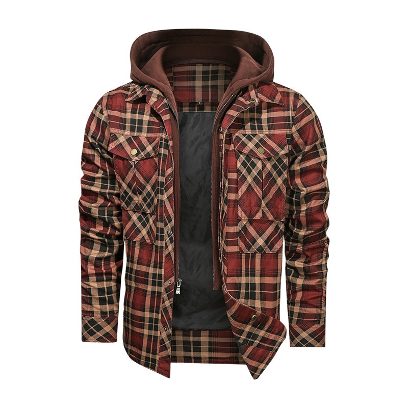 Men's Long-Sleeved Plaid Jacket Regular Fit Fleece Detachable Hoodie Jacket