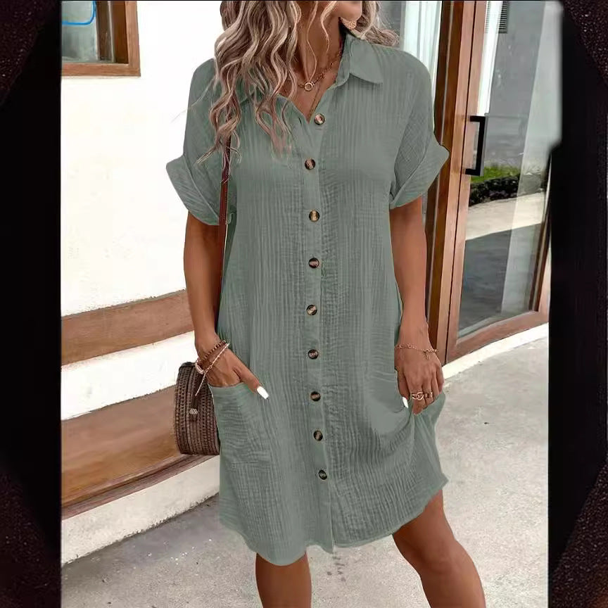 Summer Short Sleeve Shirt Dress – Solid Color, Loose & Stylish