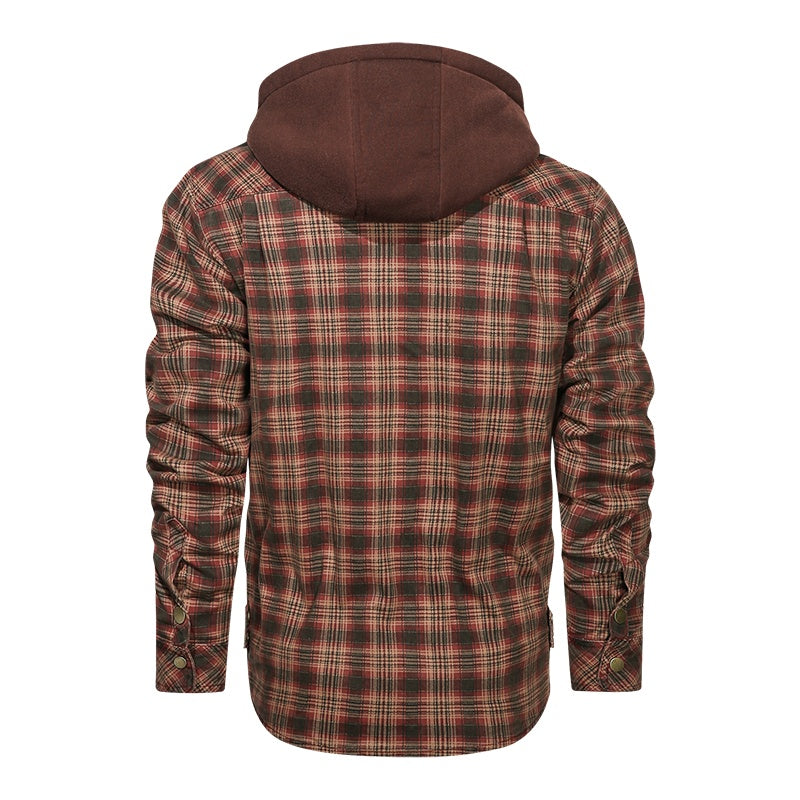 Men's Long-Sleeved Plaid Jacket Regular Fit Fleece Detachable Hoodie Jacket