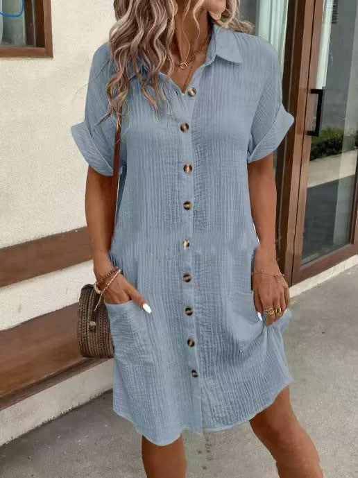 Summer Short Sleeve Shirt Dress – Solid Color, Loose & Stylish