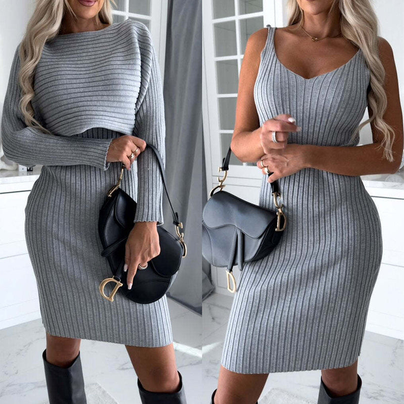 2-Piece Striped Top & Suspender Skirt Set – Autumn/Winter