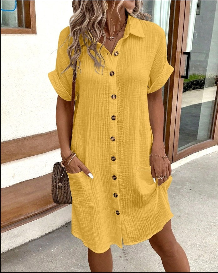 Summer Short Sleeve Shirt Dress – Solid Color, Loose & Stylish